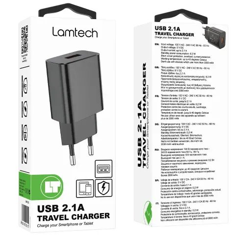 LAMTECH USB TRAVEL CHARGER 21A BLACK