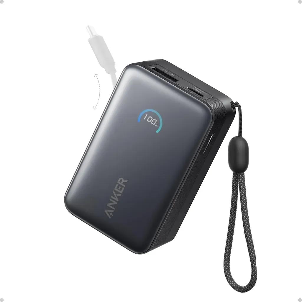 AnkerPowerbankNano10KmAh45WmaxpowerBuilt-InRetractableUSB-CCableBlack
