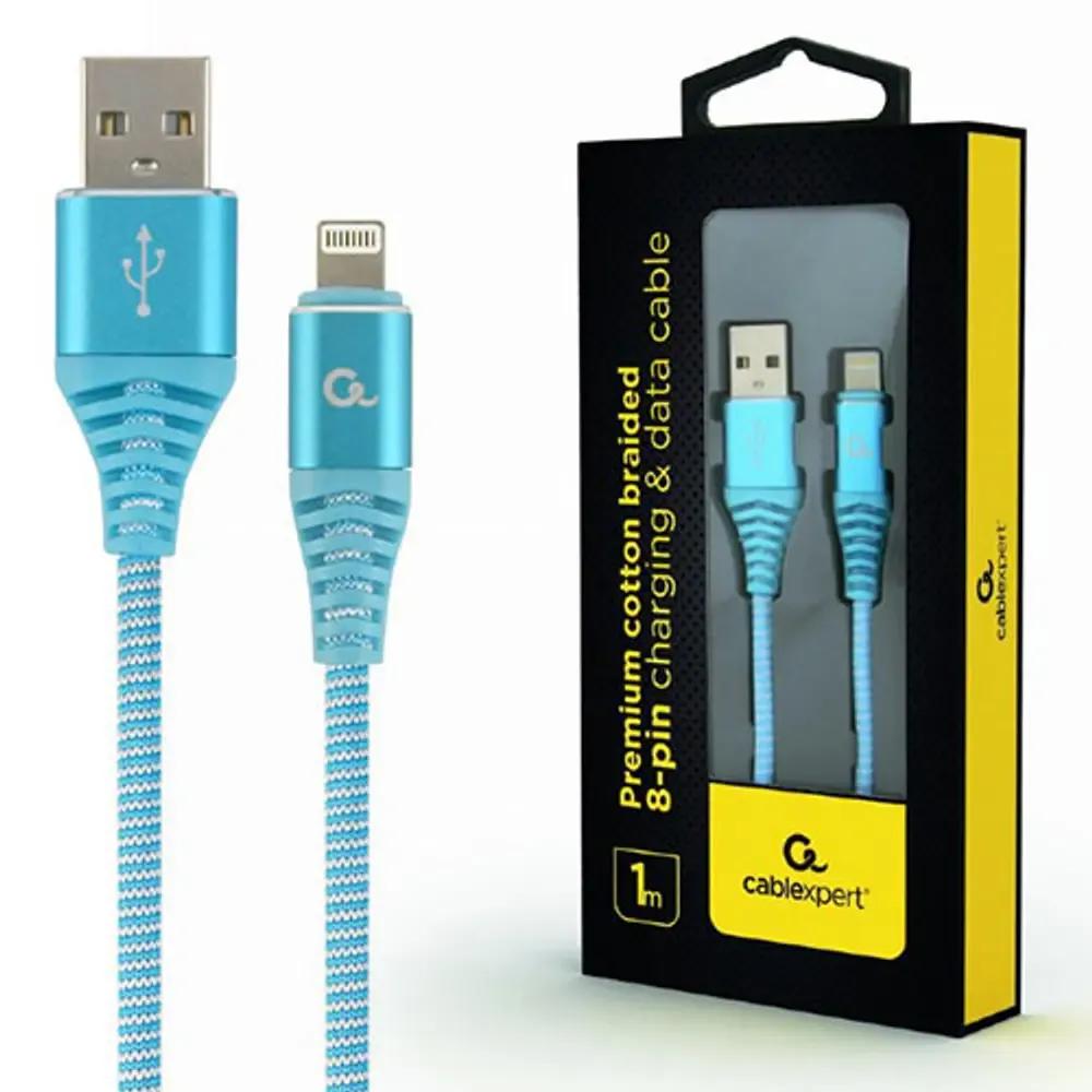 CABLEXPERT PREMIUM COTTON BRAIDED LIGHTNING CHARGING AND DATA CABLE 1M TURQUOISEWHITE RETAIL PACK