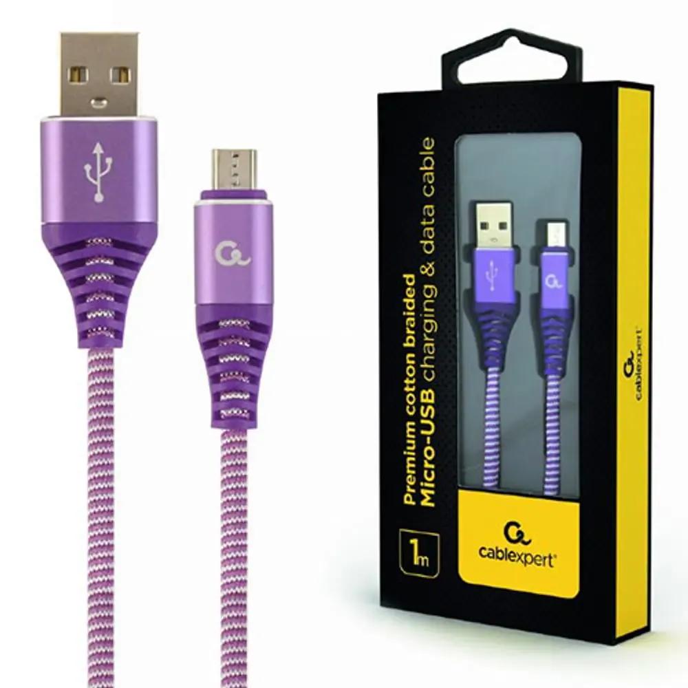 CABLEXPERT PREMIUM COTTON BRAIDED MICRO-USB CHARGING AND DATA CABLE 1M PURPLEWHITE RETAIL PACK