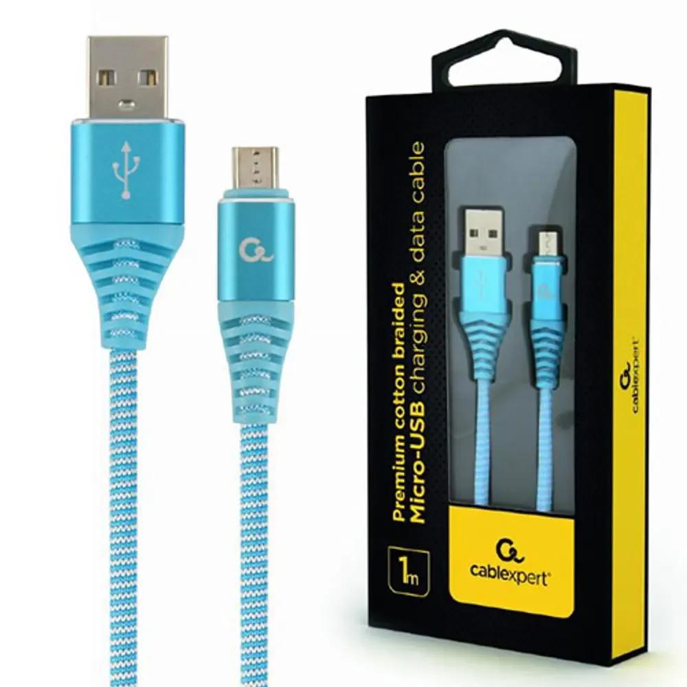 CABLEXPERT PREMIUM COTTON BRAIDED MICRO-USB CHARGING AND DATA CABLE 1M TURQOUISEWHITE RETAIL PACK