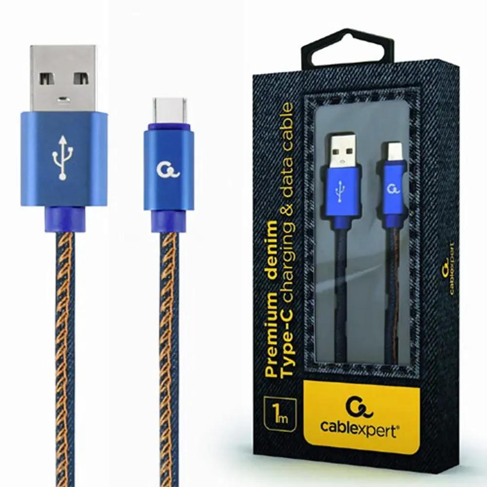 CABLEXPERT PREMIUM JEANS denim TYPE-C USB CABLE WITH METAL CONNECTORS 1M BLUE RETAIL PACK