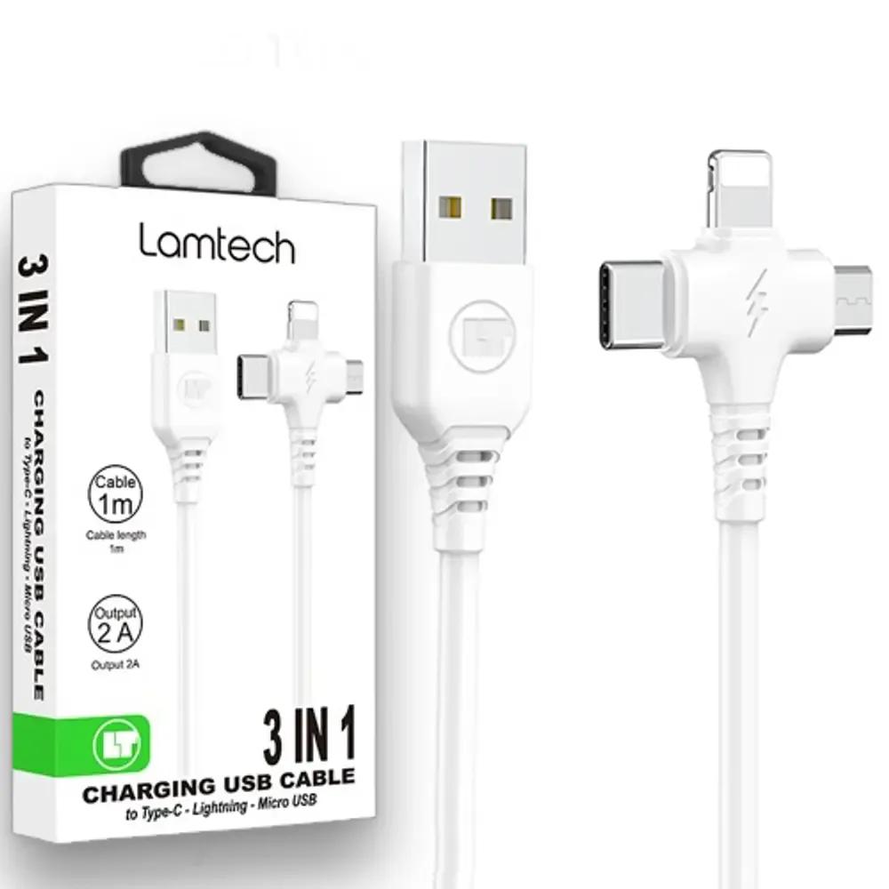LAMTECH 3 IN 1 CHARGING USB CABLE TO TYPE-CLIGHTNINGMICRO USB 1M WHITE