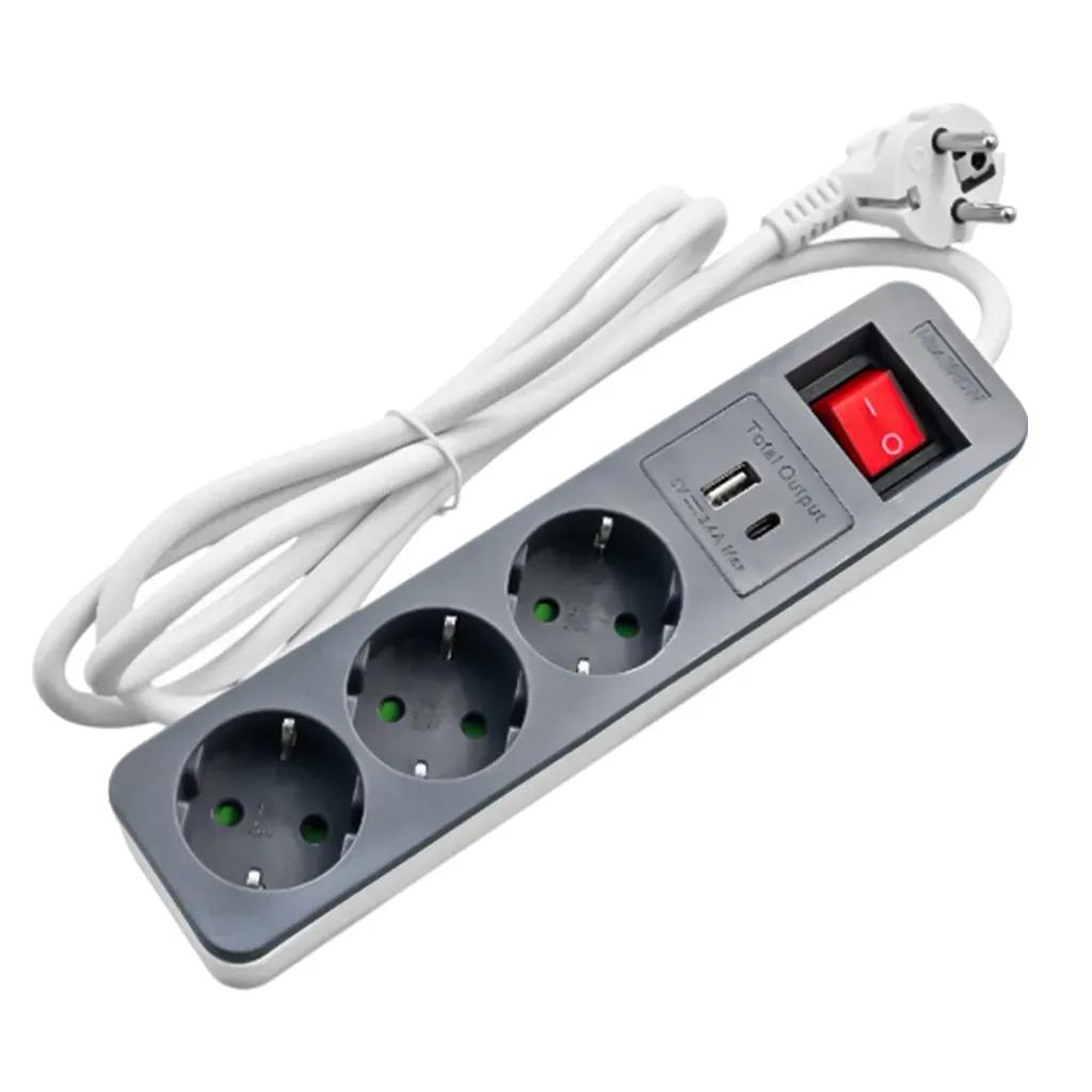 LAMTECH3WAYSURGEPROTECTORWITH1xTYPE-C1xUSB3xSCHUKOBLACKWHITE1.5M