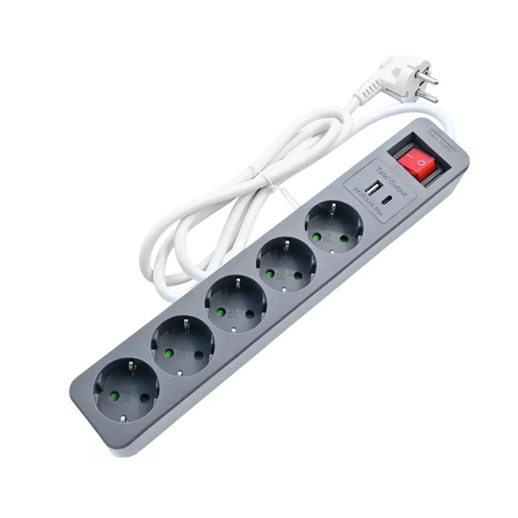 LAMTECH5WAYSURGEPROTECTORWITH1xTYPE-C1xUSB5xSCHUKOBLACKWHITE1.5M
