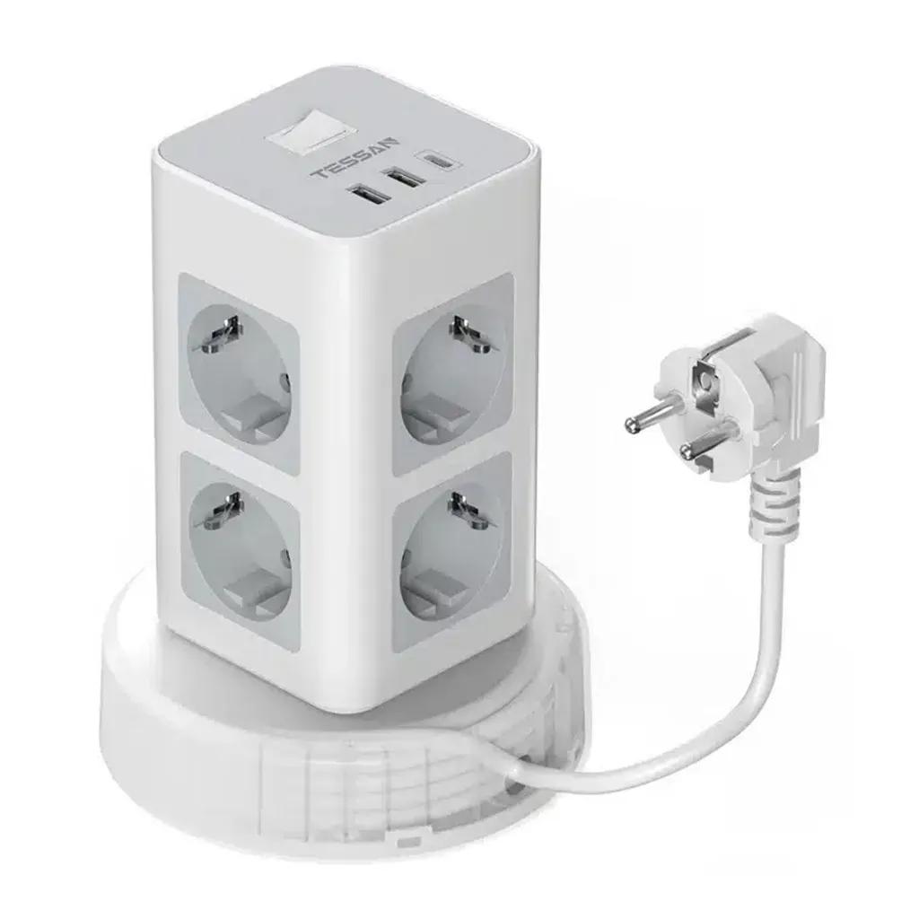 TESSAN11IN1TOWERSURGEPROTECTOR8xSCHUKO2xUSB1xTYPE-C2MRETRACTABLECABLE