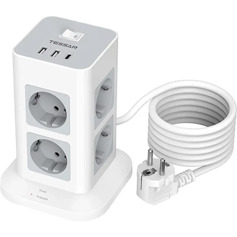 TESSAN 11 IN 1 TOWER SURGE PROTECTOR 8xSCHUKO 2xUSB 1xTYPE-C 2M CABLE