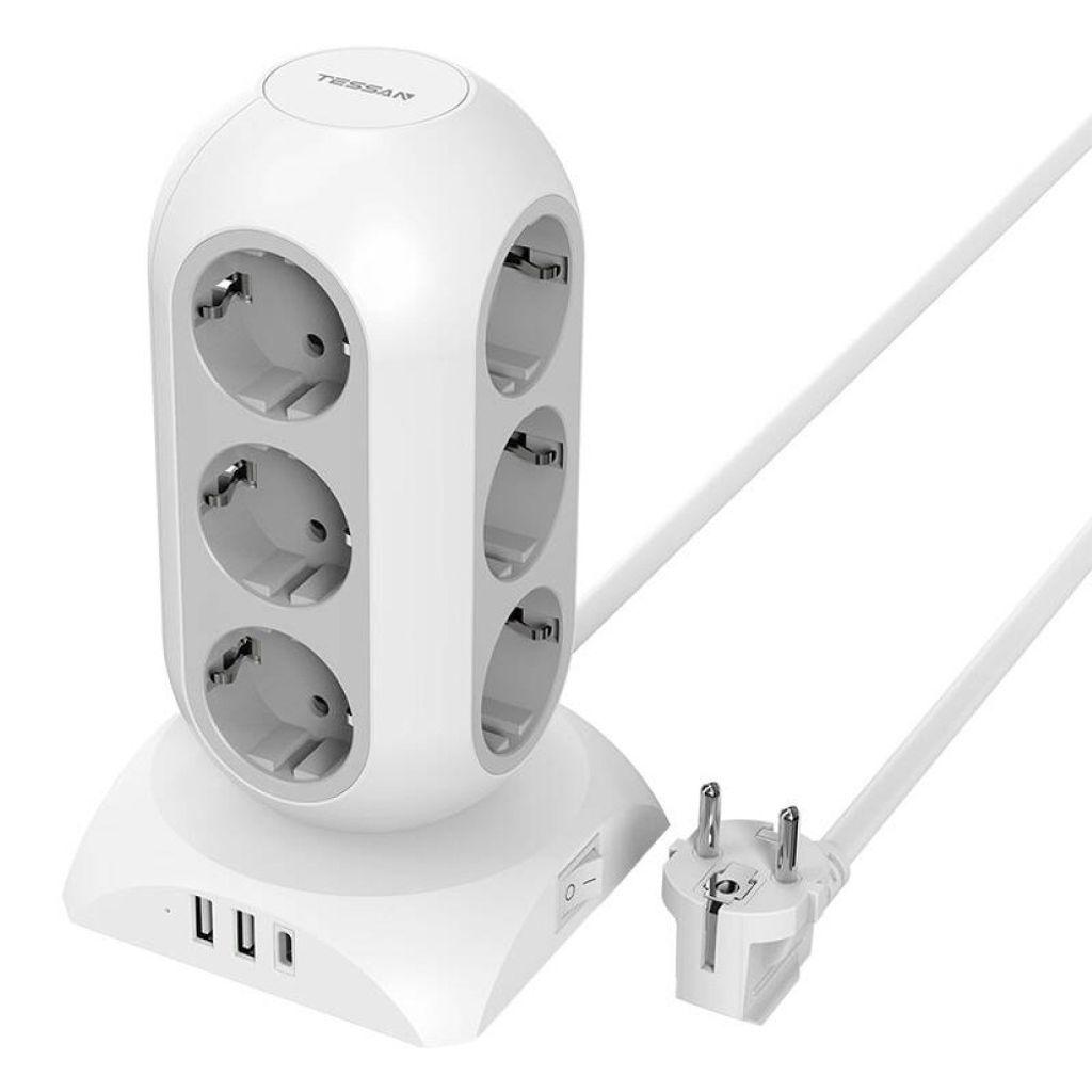 TESSAN15IN1TOWERSURGEPROTECTOR25W12xSCHUKO2xUSB1xTYPE-C2MCABLEWHITE