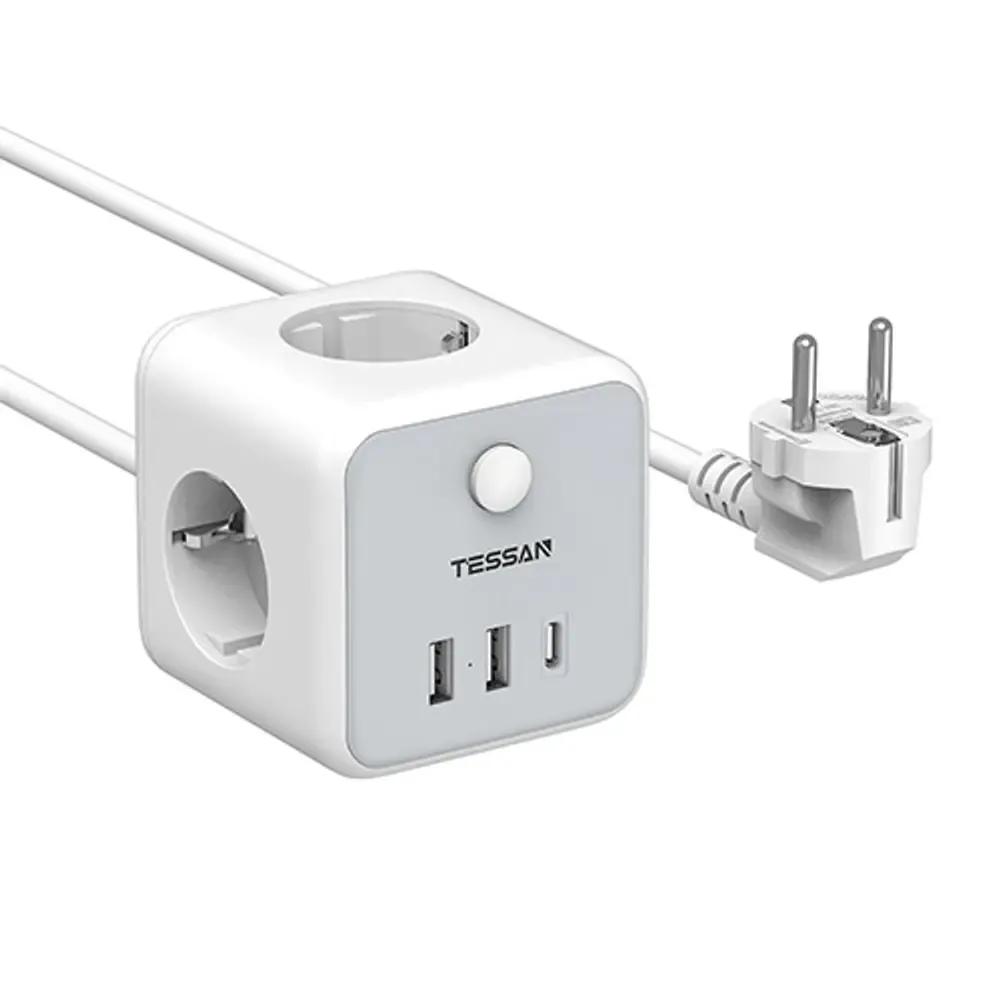 TESSAN 6 IN 1 POWERCUBE STRIP 3xSCHUKO 2xUSB 1xTYPE-C 2M CABLE