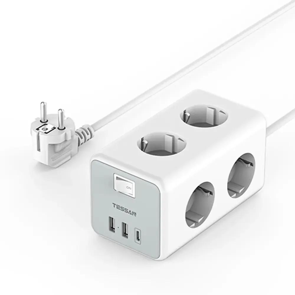 TESSAN 9 IN 1 CUBOID POWER STRIP 6xSCHUKO 2xUSB 1xTYPE-C 2M CABLE