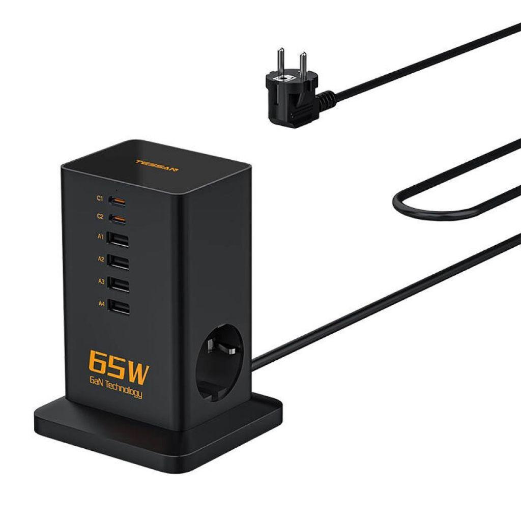 TESSAN9IN1GaNPOWERSTRIP3xSCHUKO4xUSB2xTYPE-C65WWITHCABLE2MBLACK