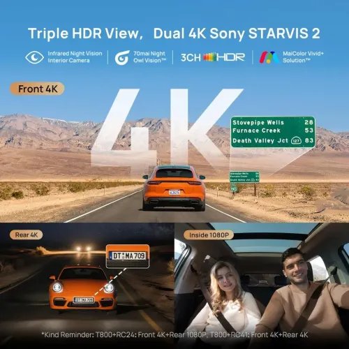 70maiDashCam4KT8004kRearCam.256GBSD3-ChannelwDual4KIMX678HDRNightVisionAI