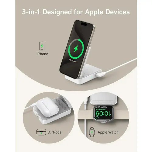 ANKER MagGo 3-in-1 Charging Station Qi2 Certified 15W White