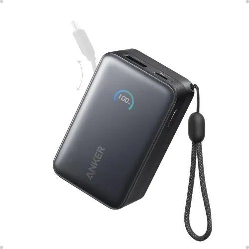 AnkerPowerbankNano10KmAh45WmaxpowerBuilt-InRetractableUSB-CCableBlack