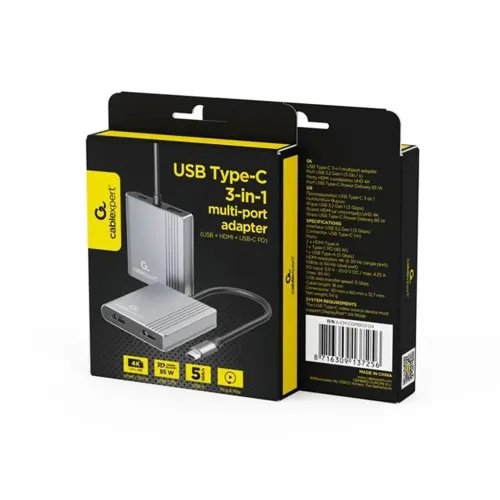 CABLEXPERTTYPE-C3IN1MULTI-PORTADAPTERUSBPORTHDMIPDSPACEGREY