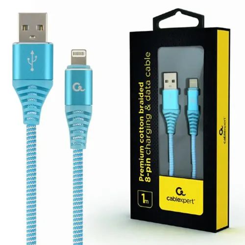CABLEXPERT PREMIUM COTTON BRAIDED LIGHTNING CHARGING AND DATA CABLE 1M TURQUOISEWHITE RETAIL PACK