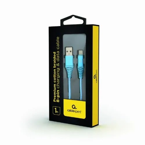 CABLEXPERT PREMIUM COTTON BRAIDED LIGHTNING CHARGING AND DATA CABLE 1M TURQUOISEWHITE RETAIL PACK