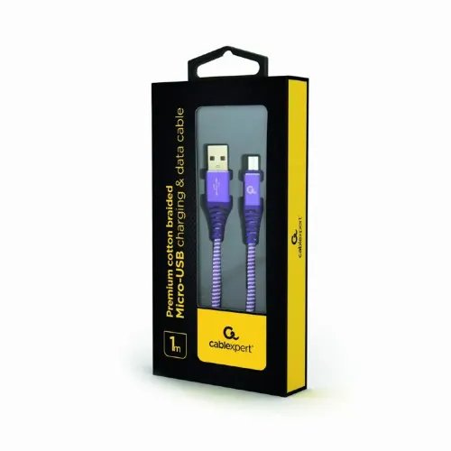 CABLEXPERT PREMIUM COTTON BRAIDED MICRO-USB CHARGING AND DATA CABLE 1M PURPLEWHITE RETAIL PACK
