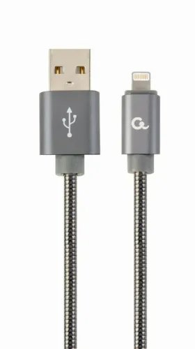 CABLEXPERT PREMIUM SPIRAL METAL 8-PIN CHARGING AND DATA CABLE 1M METALLIC GREY RETAIL PACK