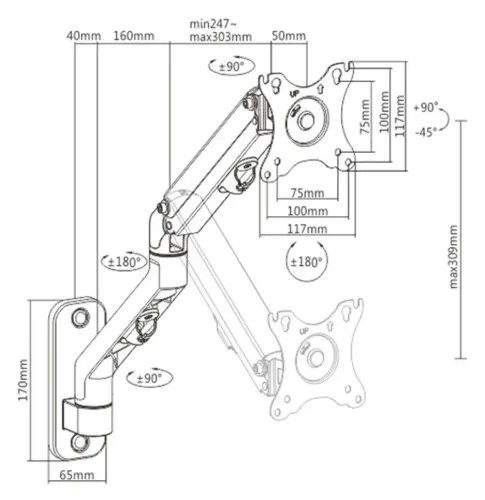 GEMBIRD ADJUSTABLE WALL DISCPLAY MOUNTING ARM UP TO 277KG