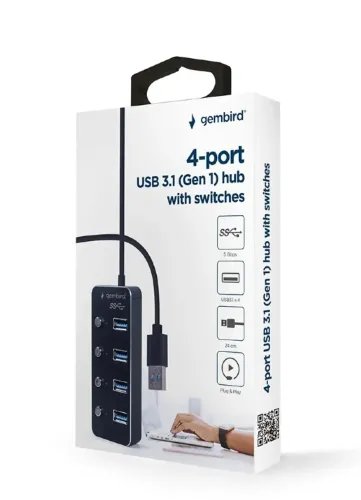 GEMBIRD USB3.1 GEN1 POWERED 4-PORT HUB WITH SWITCHES