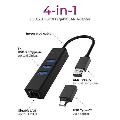 ICYBOX4-PORTUSB3.2HUBANDGIGABITLANADAPTER