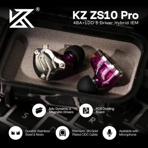 KZZS10PROPurpleWithMic-IEM35MusicianInEarMonitorEarphones4BA1DD5Driver10mmmeta