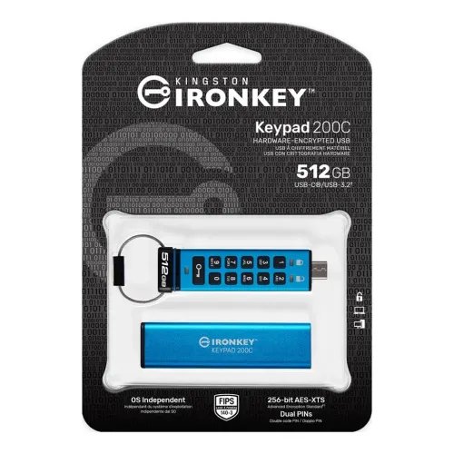 KingstonTechnologyIronKeyKeypad200CUSBflashdrive512GBUSBType-C3.2Gen13.1Gen1Blue