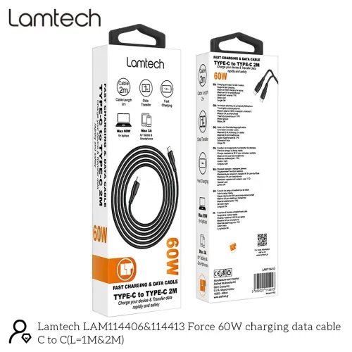 LAMTECHCHARGEANDDATACABLETYPE-CTOTYPE-C60W2MBLACK