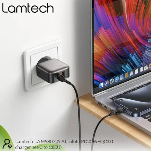 LAMTECHDUALPORTQC3.0CHARGERSETPD20WWITHTYPE-CTOTYPE-CCABLE60W1MGREY