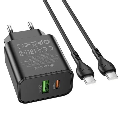LAMTECHDUALPORTQC3.0PD20WCHARGERWITHTYPE-CTOTYPE-CCABLE60W1MBLACK
