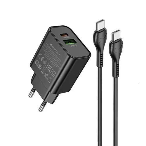 LAMTECHDUALPORTQC3.0PD20WCHARGERWITHTYPE-CTOTYPE-CCABLE60W1MBLACK