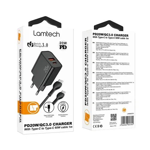 LAMTECHDUALPORTQC3.0PD20WCHARGERWITHTYPE-CTOTYPE-CCABLE60W1MBLACK