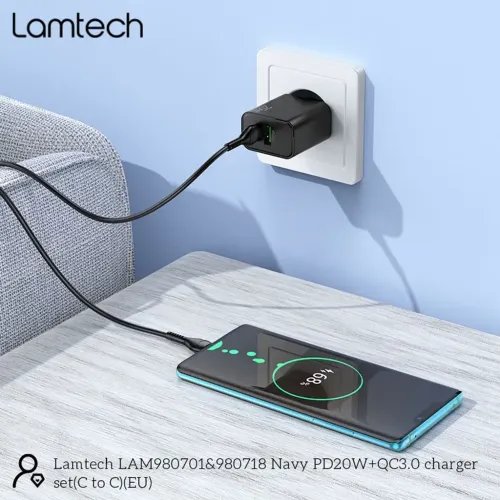 LAMTECHDUALPORTQC3.0PD20WCHARGERWITHTYPE-CTOTYPE-CCABLE60W1MBLACK