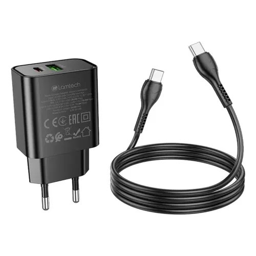 LAMTECHDUALPORTQC3.0PD20WCHARGERWITHTYPE-CTOTYPE-CCABLE60W1MBLACK