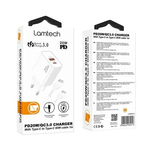 LAMTECHDUALPORTQC3.0PD20WCHARGERWITHTYPE-CTOTYPE-CCABLE60W1MWHITE