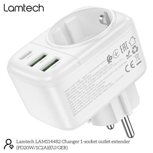 LAMTECHMULTIFUNCTIONALSURGEPROTECTORWALLSOCKET1xSCHUKO2xUSB1xTYPE-CPD20W