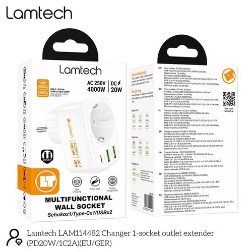 LAMTECHMULTIFUNCTIONALSURGEPROTECTORWALLSOCKET1xSCHUKO2xUSB1xTYPE-CPD20W