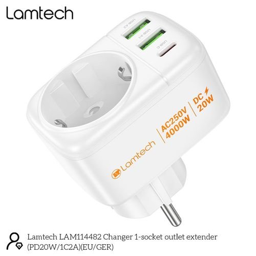 LAMTECHMULTIFUNCTIONALSURGEPROTECTORWALLSOCKET1xSCHUKO2xUSB1xTYPE-CPD20W