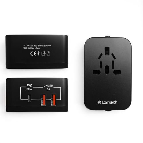 LAMTECHUNIVERSALPOWERTRAVELADAPTER2XUSB1XTYPE-C20WBLACK