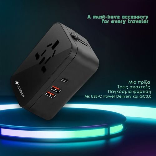 LAMTECHUNIVERSALPOWERTRAVELADAPTER2XUSB1XTYPE-C20WBLACK