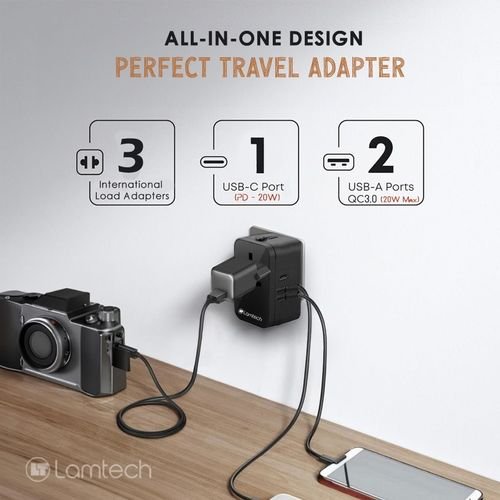 LAMTECHUNIVERSALPOWERTRAVELADAPTER2XUSB1XTYPE-C20WBLACK