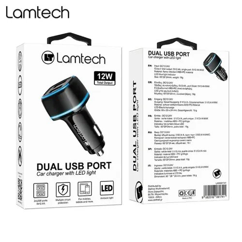 LAMTECH 2xUSB 24A CAR CHARGER FOR MOBILE PHONES BLACK
