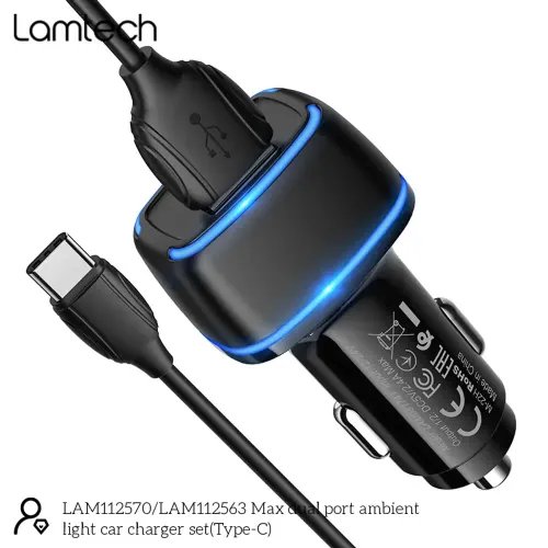 LAMTECH 2xUSB 24A CAR CHARGER WITH TYPE-C CABLE 1M BLACK