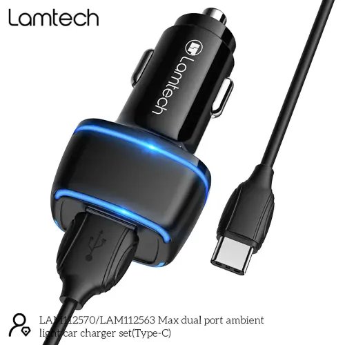 LAMTECH 2xUSB 24A CAR CHARGER WITH TYPE-C CABLE 1M BLACK