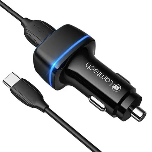 LAMTECH 2xUSB 24A CAR CHARGER WITH TYPE-C CABLE 1M BLACK