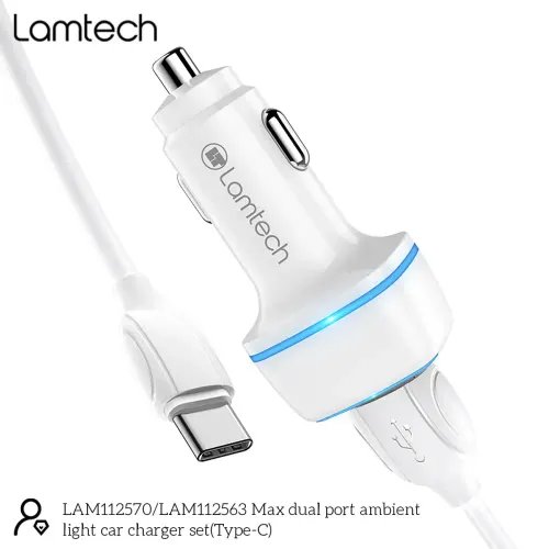 LAMTECH 2xUSB 24A CAR CHARGER WITH TYPE-C CABLE 1M WHITE