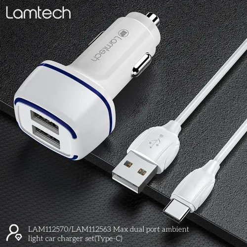 LAMTECH 2xUSB 24A CAR CHARGER WITH TYPE-C CABLE 1M WHITE