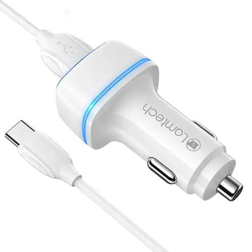 LAMTECH 2xUSB 24A CAR CHARGER WITH TYPE-C CABLE 1M WHITE