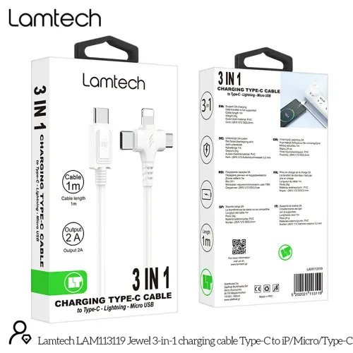 LAMTECH 3 IN 1 CHARGING TYPE-C CABLE TO TYPE-CLIGHTNINGMICRO USB 1M WHITE